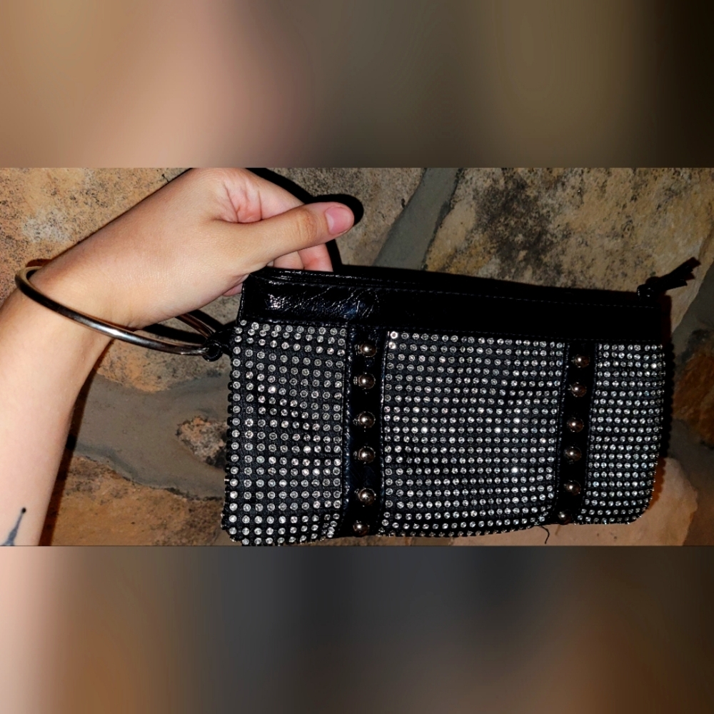 Black and Silver Y2K Studded Rhinestone Wrist Ringlet Clutch